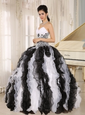 Quinceanera Dress With Appliques Sweetheart For Custom Made White and Black Ruffles