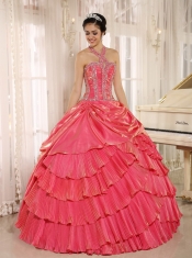 Quinceanera Dress With Halter Watermelon Pleat Beaded Bodice