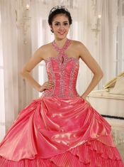 Quinceanera Dress With Halter Watermelon Pleat Beaded Bodice