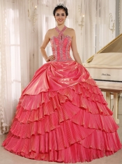 Quinceanera Dress With Halter Watermelon Pleat Beaded Bodice