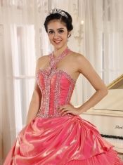 Quinceanera Dress With Halter Watermelon Pleat Beaded Bodice