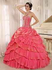 Quinceanera Dress With Halter Watermelon Pleat Beaded Bodice