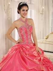 Quinceanera Dress With Halter Watermelon Pleat Beaded Bodice