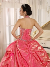 Quinceanera Dress With Halter Watermelon Pleat Beaded Bodice