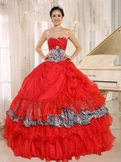 Quinceanera Dress With Wholesale Coral Red Sweetheart Ruffles Zebra and Beading