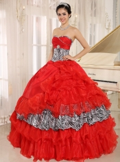 Quinceanera Dress With Wholesale Coral Red Sweetheart Ruffles Zebra and Beading