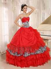 Quinceanera Dress With Wholesale Coral Red Sweetheart Ruffles Zebra and Beading
