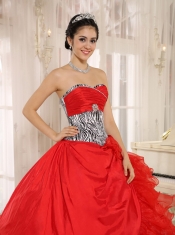 Quinceanera Dress With Wholesale Coral Red Sweetheart Ruffles Zebra and Beading