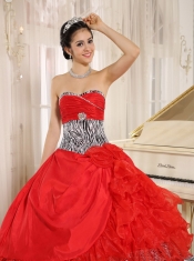 Quinceanera Dress With Wholesale Coral Red Sweetheart Ruffles Zebra and Beading