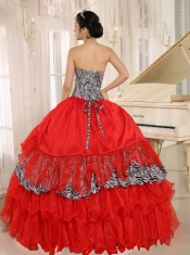 Quinceanera Dress With Wholesale Coral Red Sweetheart Ruffles Zebra and Beading