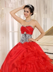 Quinceanera Dress With Wholesale Coral Red Sweetheart Ruffles Zebra and Beading