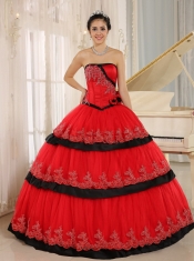 Quinceanera DressRed Hand Made Flowers Custom Made