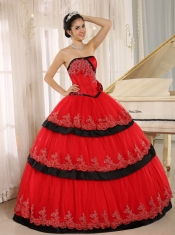 Quinceanera DressRed Hand Made Flowers Custom Made