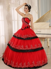 Quinceanera DressRed Hand Made Flowers Custom Made