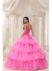 Quinceanera Dress Rose Pink Sweetheart Beaded and Layers Ball Gown  Taffeta and Organza