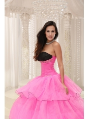 Quinceanera Dress Rose Pink Sweetheart Beaded and Layers Ball Gown  Taffeta and Organza