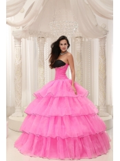 Quinceanera Dress Rose Pink Sweetheart Beaded and Layers Ball Gown  Taffeta and Organza