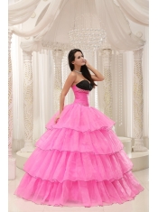 Quinceanera Dress Rose Pink Sweetheart Beaded and Layers Ball Gown  Taffeta and Organza