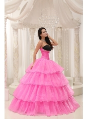 Quinceanera Dress Rose Pink Sweetheart Beaded and Layers Ball Gown  Taffeta and Organza