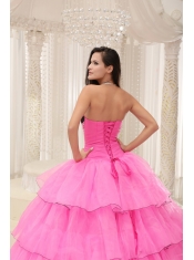 Quinceanera Dress Rose Pink Sweetheart Beaded and Layers Ball Gown  Taffeta and Organza