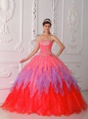 2013 Beautiful Watermelon Ball Gown With Sweetheart Beading and Ruching For Quinceanera Dress