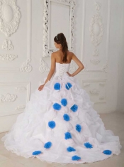 2013 Brand NewWhite Ball Gown With Court Train Beading and Hand Flower Quinceanera Dress