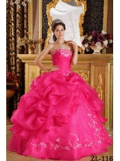 2013 Coral Red Ball Gown Strapless With Floor-length Embroidery Organza Quinceanera Dress