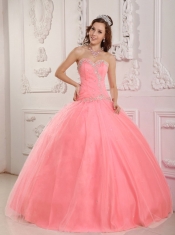 2013 Lovely Watermelon Ball Gown With Sweetheart Floor-length Tulle And Appliques Quinceanera Dress