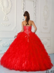 2013 Red Ball Gown Sweetheart With Floor-length Satin and Organza Beading Quinceanera Dress