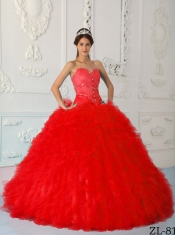 2013 Red Ball Gown Sweetheart With Floor-length Satin and Organza Beading Quinceanera Dress
