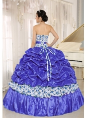 2013 Sweet Quinceanera Dress With Beaded and Pick-ups In Blue Taffeta and Printing