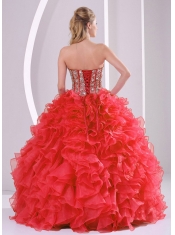 2014 Puffy Sweetheart Lace Up Ball Gown Dress with Beading and Ruffles in Coral Red