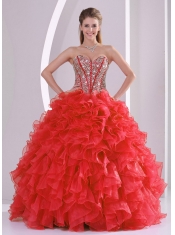 2014 Puffy Sweetheart Lace Up Ball Gown Dress with Beading and Ruffles in Coral Red