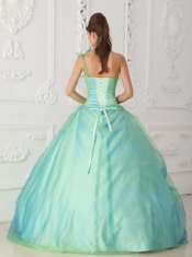 Apple Green Ball Gown One Shoulder  Quinceanera Dress with Organza Beading and Hand Flower
