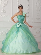 Apple Green Ball Gown One Shoulder  Quinceanera Dress with Organza Beading and Hand Flower