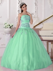 Apple Green Ball Gown Strapless Elegant Taffeta and Tulle Beading Quinceanera Dress