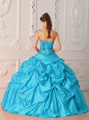 Aqua Blue Ball Gown Strapless Elegant Quinceanera Dresses with Taffeta Appliques