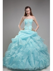 Baby Blue Ball Gown Strapless Floor-length Orangza Quinceanera Dress with Beading and Ruffles