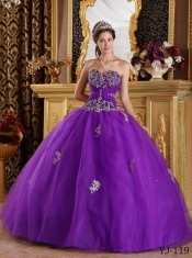 Beautiful Appliques Sweetheart Tulle Beading Ball Gown Dress in Purple