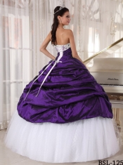 Beautiful Embroidery Taffeta Strapless White and Purple Beading Ball Gown Dress