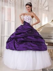 Beautiful Embroidery Taffeta Strapless White and Purple Beading Ball Gown Dress