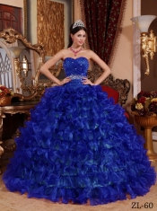 Beautiful Sweetheart Organza Ball Gown Dress with Beading and Ruffels in Royal Blue