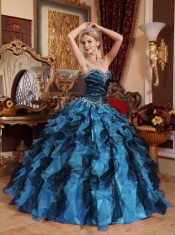 Blue and Black Sweetheart Beading and Ruffles Elegant Quinceanera Dress