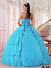 Cheap Sweetheart Ruffled Layers Organza Beading Ball Gown Dress in Turquoise