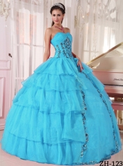 Cheap Sweetheart Ruffled Layers Organza Beading Ball Gown Dress in Turquoise