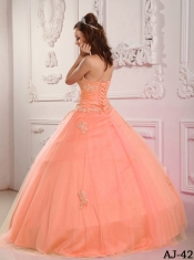 Classical Sweetheart With Floor-length Tulle Appliques Pink Quinceanera Dress In 2013