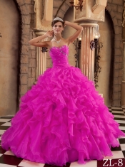 Cute Hot Pink Ball Gown With Sweetheart Floor-length Ruffles Organza Quinceanera Dress In 2013