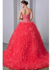 Cute Quinceanea Dress In Watermelon With A-Line / Princess Style With Sweetheart Brush Train Beading and Ruffles