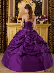 Eggplant Purple Strapless Beading Taffeta Appliques Ball Gown Dress with Pick Ups