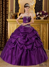 Eggplant Purple Strapless Beading Taffeta Appliques Ball Gown Dress with Pick Ups